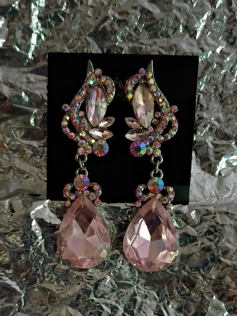 Elegant Pink Crystal Teardrop Dangle Earrings